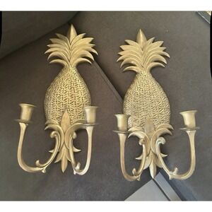 Pair Large Hollywood Regency Brass Pineapple Sconces Candle Double Arm Holders